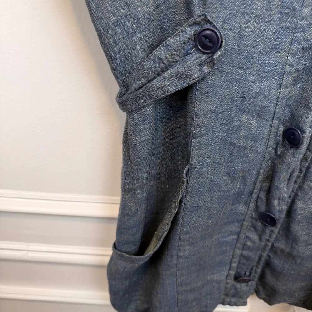 FLAX Jeanne Engelhart Blue Linen‎ Herringbone Button Front Jacket Petite